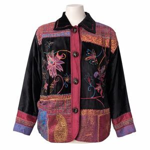 Flashback Embroidered Boho Jacket Velvet Patchwork Floral Art to Wear Size L